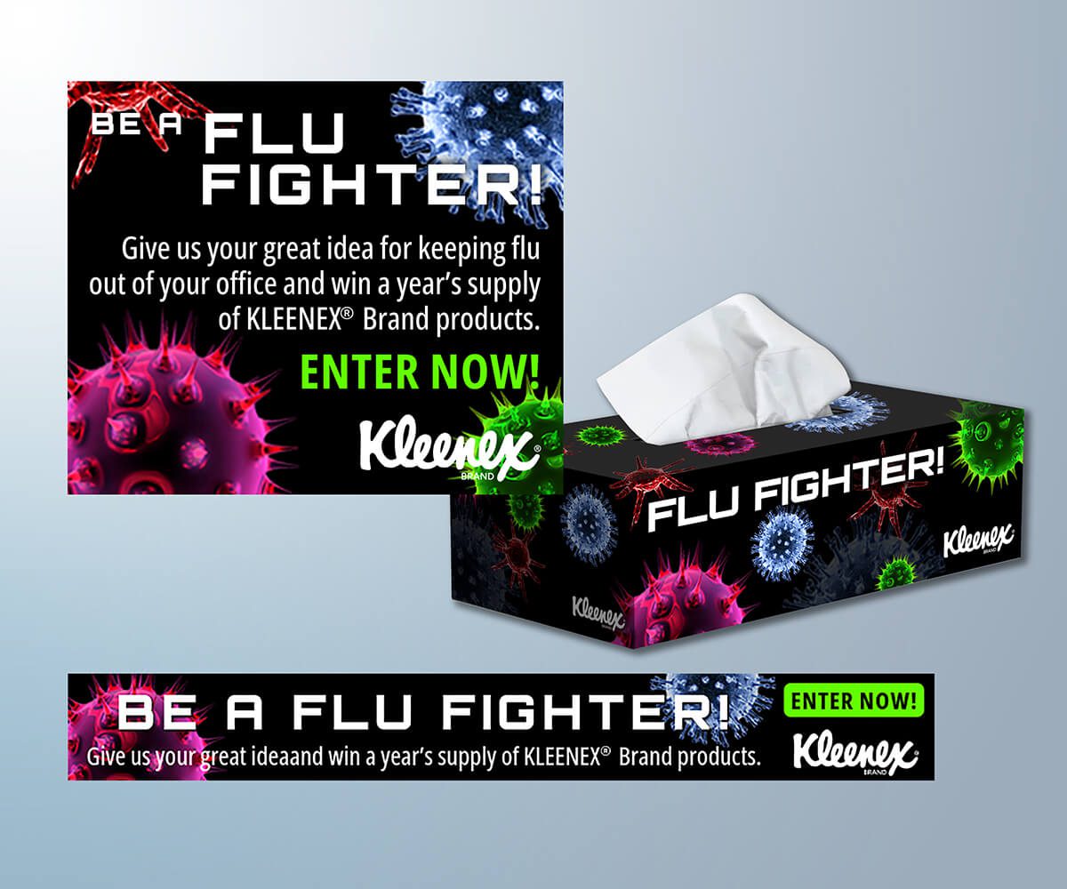 A kleenex box and sign advertising the flu fighter.